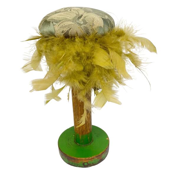 large vintage wooden green SPOOL hat holder brown feathers 11" tall - Picture 5 of 11